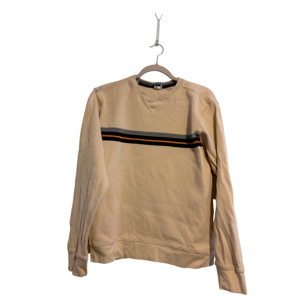 Old Navy Mens Cream Y2K Ribbed Knit Chest Stripe Crewneck Cotton Sweater Medium‎